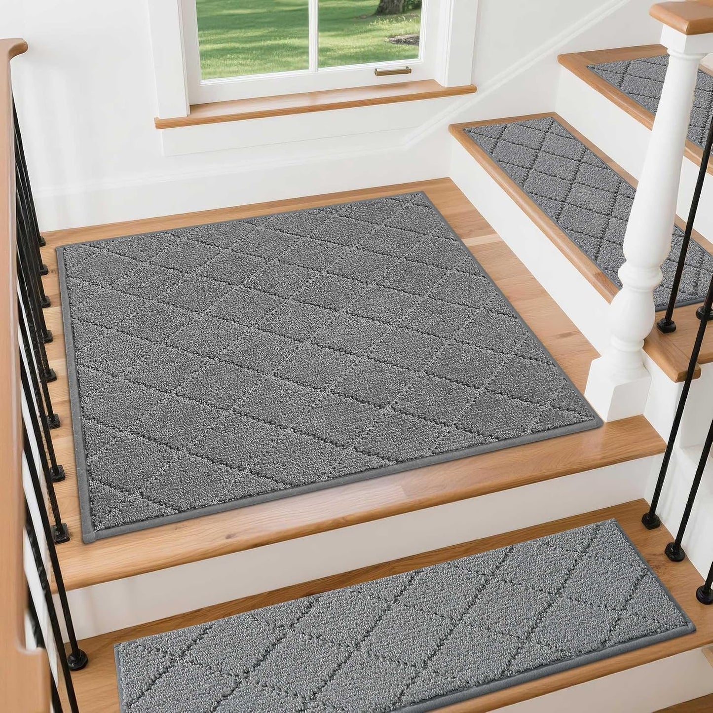 COSY HOMEER Edging Stair Treads Non-Slip Carpet Mat 28inX9in Indoor Stair Runners for Wooden Steps, Edging Stair Rugs for Kids and Dogs, 100% Polyester TPE Backing(4pc, Beige)