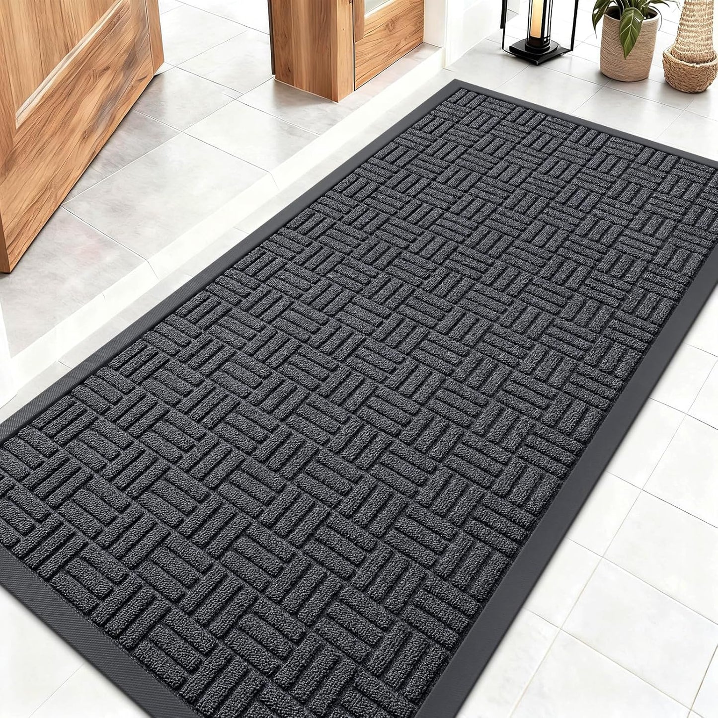 OLANLY Front Door Mat Outside Entrance 29.5x17, Absorbent, Heavy Duty Sturdy Natural Rubber Doormat Indoor Outdoor, Stain and Fade Resistant, Non-Slip Backing Low Profile Floor Mat for Entryway, Grey