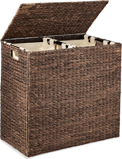 Best Choice Products Large Double Laundry Hamper with Lid, Natural Handwoven Water Hyacinth, 2 Sections w/ 2 Machine Washable Linen Liner Bags, Portable, Handles - Natural