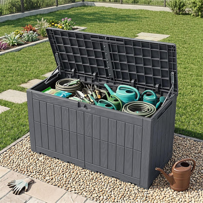 Tangkula 25 Gallon Waterproof Outdoor Storage Box with Lockable Lid | PP Resin, Wicker Patterned, Indoor Outdoor Use, Portable, Versatility, for Deck, Pool, Patio Cushions, Garden Tools