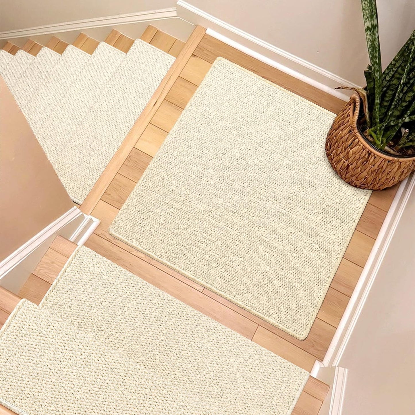 Brakki Bullnose Carpet Stair Treads, Non Slip Stair Treads for Wooden Steps Indoor, Stair Runner, Soft Stair Rugs, Edging Stair Protectors, Washable, 29.5"x9.5"x1.5" 14pcs, Beige