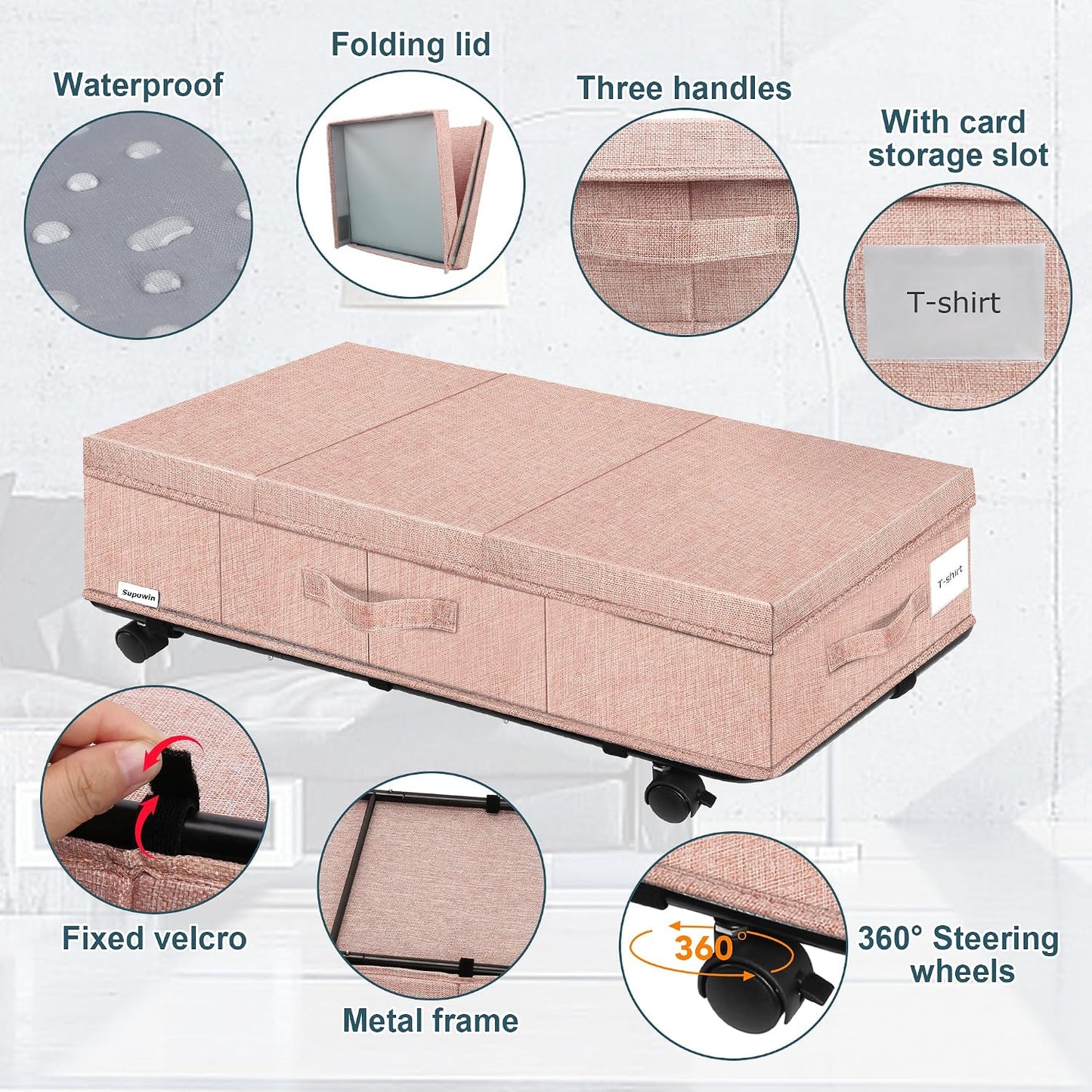 Supowin Under Bed Storage with Wheels, Rolling Underbed Storage Containers with Lids, Under Bed Shoe Storage Bins Organizer with Reinforced Metal Bottom Support and Three Handles