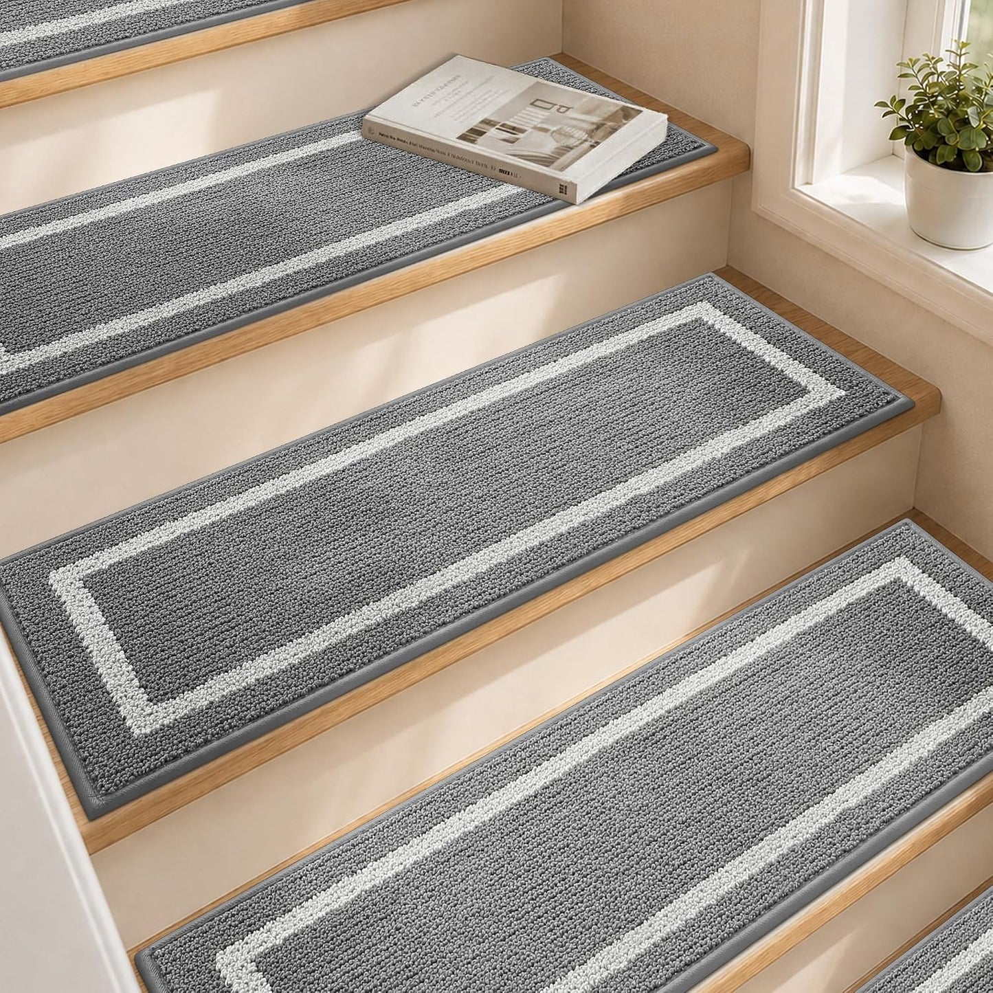 COSY HOMEER Soft Stair Treads Non-Slip Carpet Mat 28inX9in Indoor Stair Runners for Wooden Steps, Stair Rugs for Kids and Dogs, 100% Polyester TPE Backing 4pcs, Grey