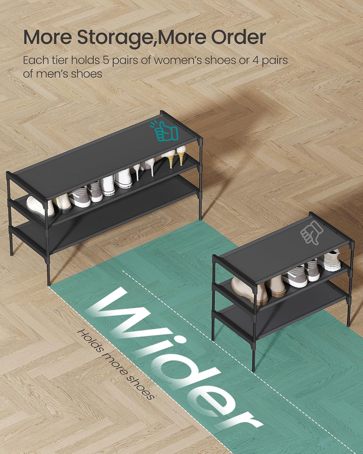 SONGMICS Shoe Rack, 2-Tier Shoe Storage Organizer, Space-Saving, 11.7 x 16.5 x 12.2 Inches, Entryway, Metal Frame, Non-Woven Fabric Shelves, Ink Black ULSH012BH01