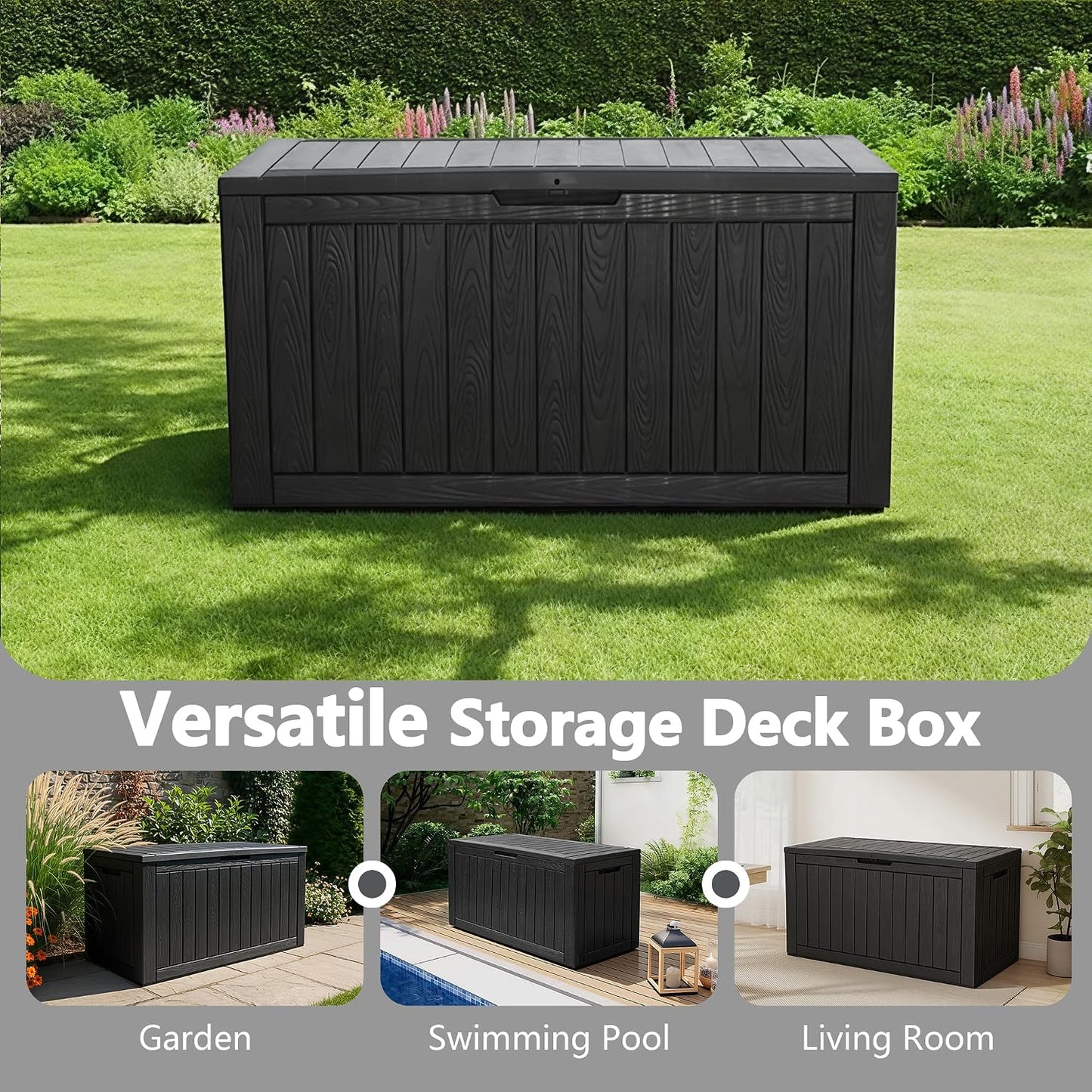 KAMABOKO 31 Gallon Outdoor Storage Box, Resin Deck Boxes Indoor and outdoor, Waterproof Storage Box Lockable Lid for Garden Tools, Package Delivery, Pool Supplies, Patio Cushions, Black