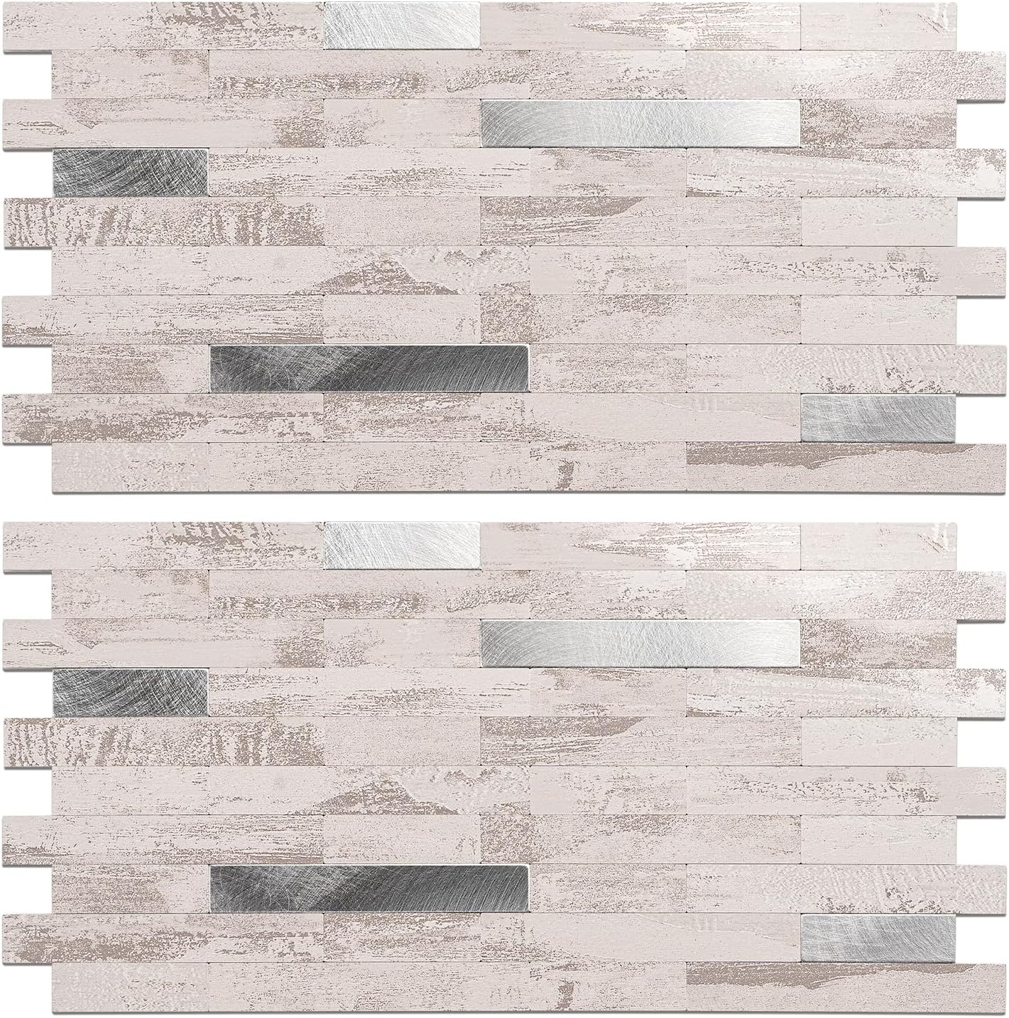 Peel and Stick Backsplash Tile Waterproof Removable PVC Wall Sticker 3D Faux Stone Marble Brick White Accent Panels (White Marble - Metal Silver, 20 Tiles - 9 sq. ft. (0.84 M²))