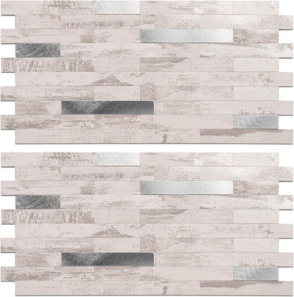 Peel and Stick Backsplash Tile Waterproof Removable PVC Wall Sticker 3D Faux Stone Marble Brick White Accent Panels (White Marble - Metal Silver, 20 Tiles - 9 sq. ft. (0.84 M²))