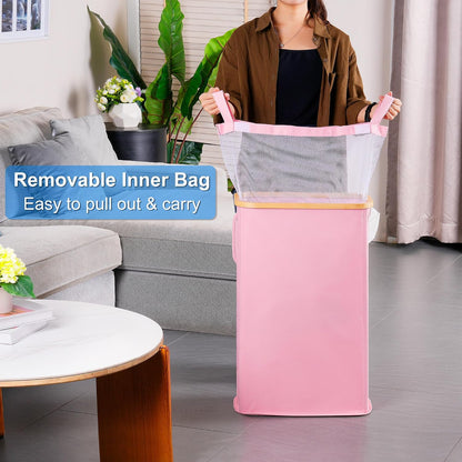 efluky Slim Laundry Basket with Lid, Narrow Laundry Hamper with Removable Bag, Skinny Dirty Clothes Basket with Bamboo Handles for Bathroom, Bedroom & Laundry Room, 75L Beige