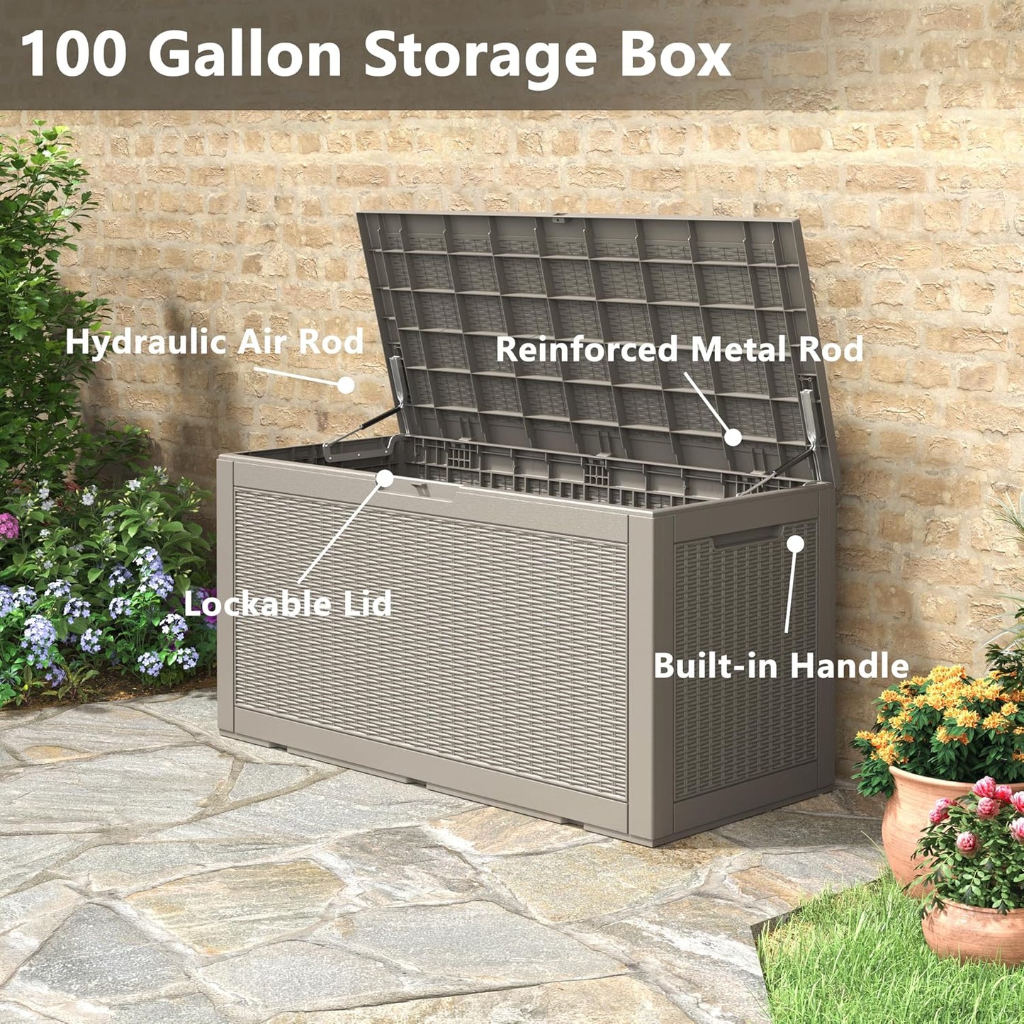 NUNU LAB Outdoor Storage Box, 45 Gallon Outside Deck Box Waterproof, Resin Outdoor Storage Cabinet With Lockable Lid, Backyard Storage Bench For Garden Tools, Patio Cushions, Pool Tools, Black