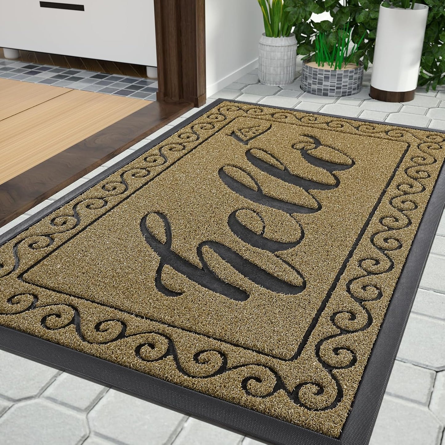Yimobra Welcome Mat, Heavy Duty Sturdy Door Mats for Home Entrance Outdoor Indoor, Front Doormat for Outside Patio Floor Entry Porch Garage Office, Waterproof, Low Profile, 29.5x17, Black Grey