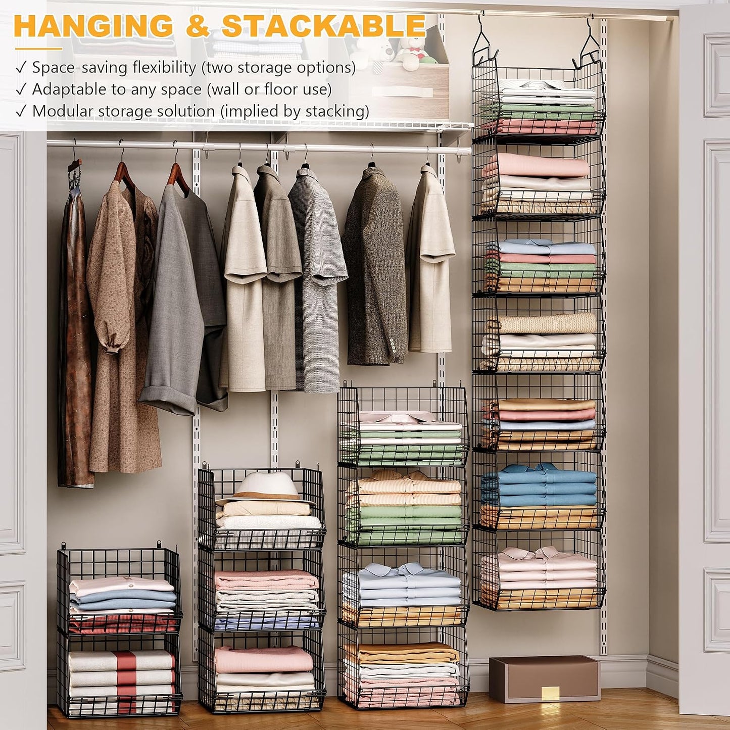 X-cosrack 3-Tier Hanging Closet Organizer, Laundry Room Organization | Space Saving Shelves with 1.65" Hook & 5 S-Hooks | Hanging Wire Baskets (12.4" W x 8.8" H x 10.24-11.8" D)