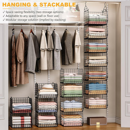 X-cosrack 3-Tier Hanging Closet Organizer, Laundry Room Organization | Space Saving Shelves with 1.65" Hook & 5 S-Hooks | Hanging Wire Baskets (12.4" W x 8.8" H x 10.24-11.8" D)