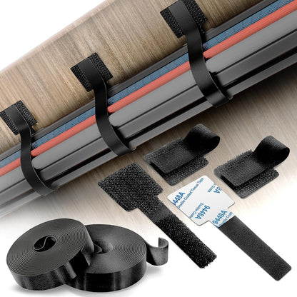 Cable Management Kit – 40 Self-Adhesive Hook & Loop Cable Ties with 2 Extension Straps, Strong Adhesive Cord Organizer for Desk, Wall, Home & Office – Adjustable Wire Holders (Black)
