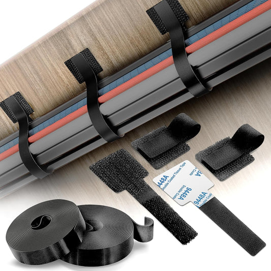 Cable Management Kit – 40 Self-Adhesive Hook & Loop Cable Ties with 2 Extension Straps, Strong Adhesive Cord Organizer for Desk, Wall, Home & Office – Adjustable Wire Holders (Black)