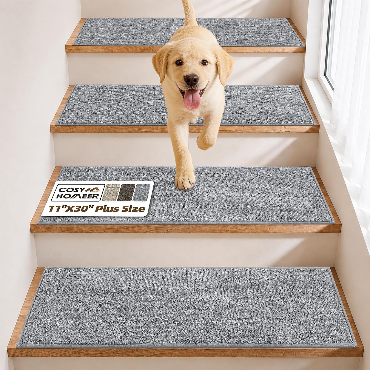 COSY HOMEER Stair Treads Non-Slip Carpet Stair Treads for Wooden Steps, Indoor Stair-Runner Rugs for Kids Elders & Pets 28"x9" (4Pc, Dark Gray)