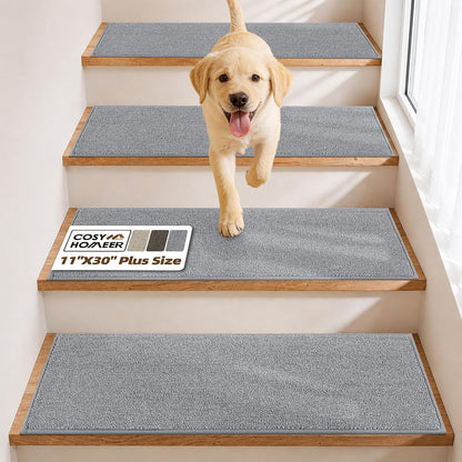 COSY HOMEER Stair Treads Non-Slip Carpet Stair Treads for Wooden Steps, Indoor Stair-Runner Rugs for Kids Elders & Pets 28"x9" (4Pc, Dark Gray)