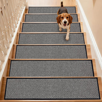 Dunzy 15 Pack Neutral Stair Treads for Wooden Step Self-adhesive Woven Stair Treads Indoor 8x30'' Non-slip Step Carpet Machine Washable Runner Safety Rug Mat for Carpet Elders Pets(Black Coffee Color)
