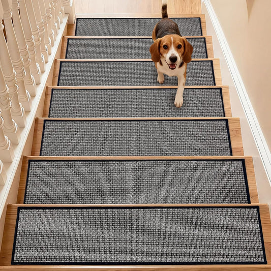 Dunzy 15 Pack Neutral Stair Treads for Wooden Step Self-adhesive Woven Stair Treads Indoor 8x30'' Non-slip Step Carpet Machine Washable Runner Safety Rug Mat for Carpet Elders Pets(Black Coffee Color)