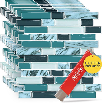 XFasten Kitchen Backsplash Sticky Tiles 10pcs 12” x 12” w/Mini Cutter Teal Peel and Stick Tile Backsplash for Kitchen, Shower, and Bathroom | Waterproof Back Splashes for Kitchens Peel and Stick