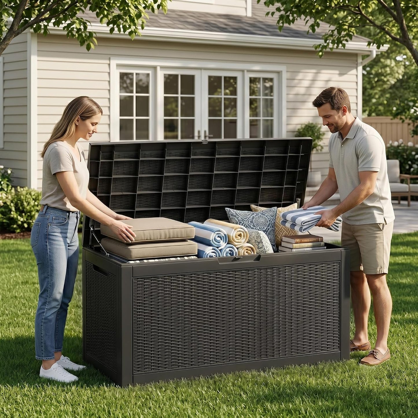 ROJIK 120 Gallon Waterproof Outdoor Deck Storage Box, Lockable Resin Patio Storage Bin with Lid for Garden Tools, Patio Cushions & Outdoor Accessories(Black)