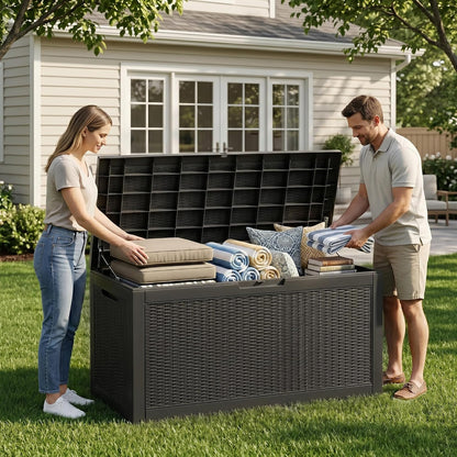 ROJIK 120 Gallon Waterproof Outdoor Deck Storage Box, Lockable Resin Patio Storage Bin with Lid for Garden Tools, Patio Cushions & Outdoor Accessories(Black)