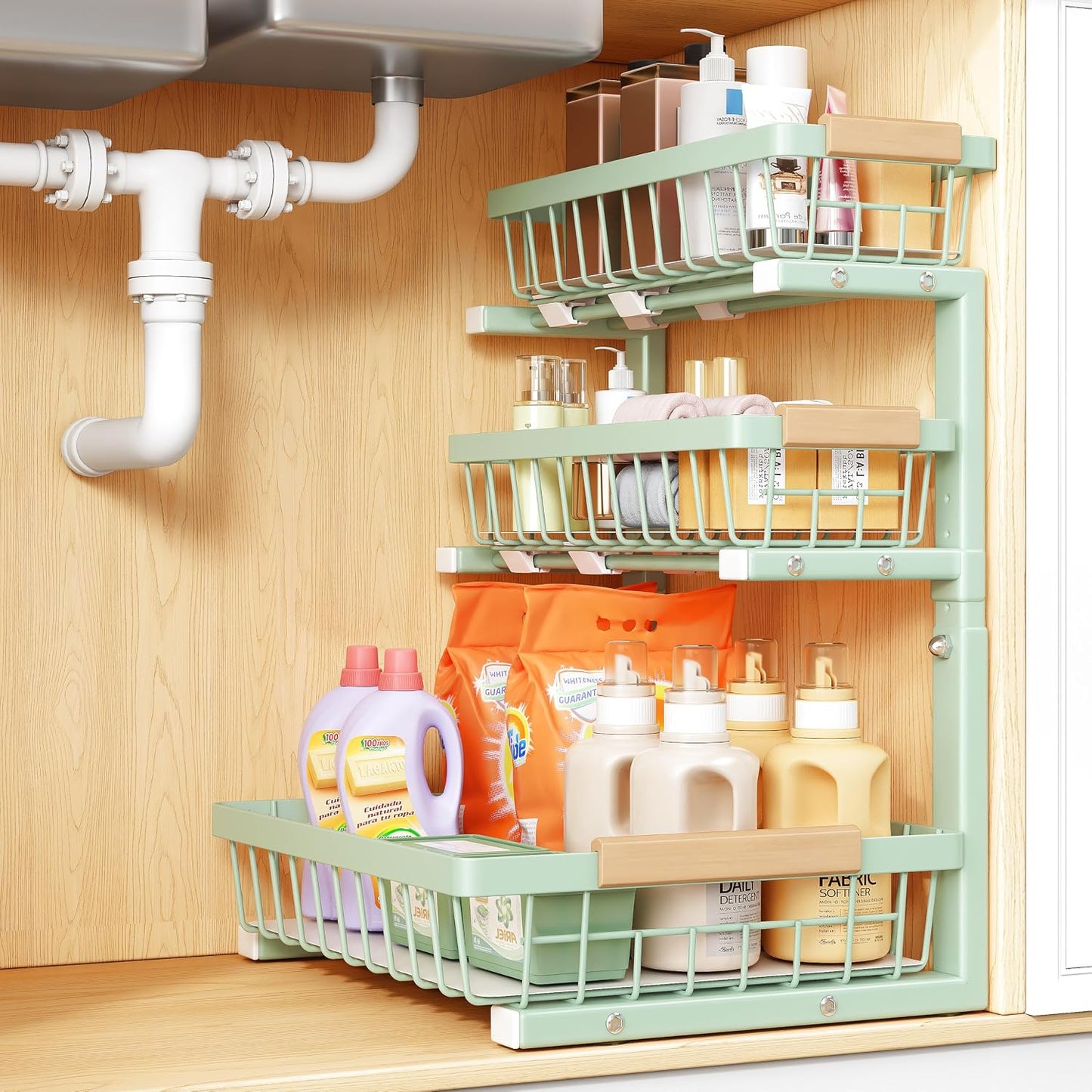 PXRACK Under Sink Organizer, 3-Tier 2-Pack Adjustable Height Pull Out Under Cabinet Organizer, Slide Out Thickened Metal Under Sink Storage for Kitchen Bathroom Laundry Pantry Organization, Black