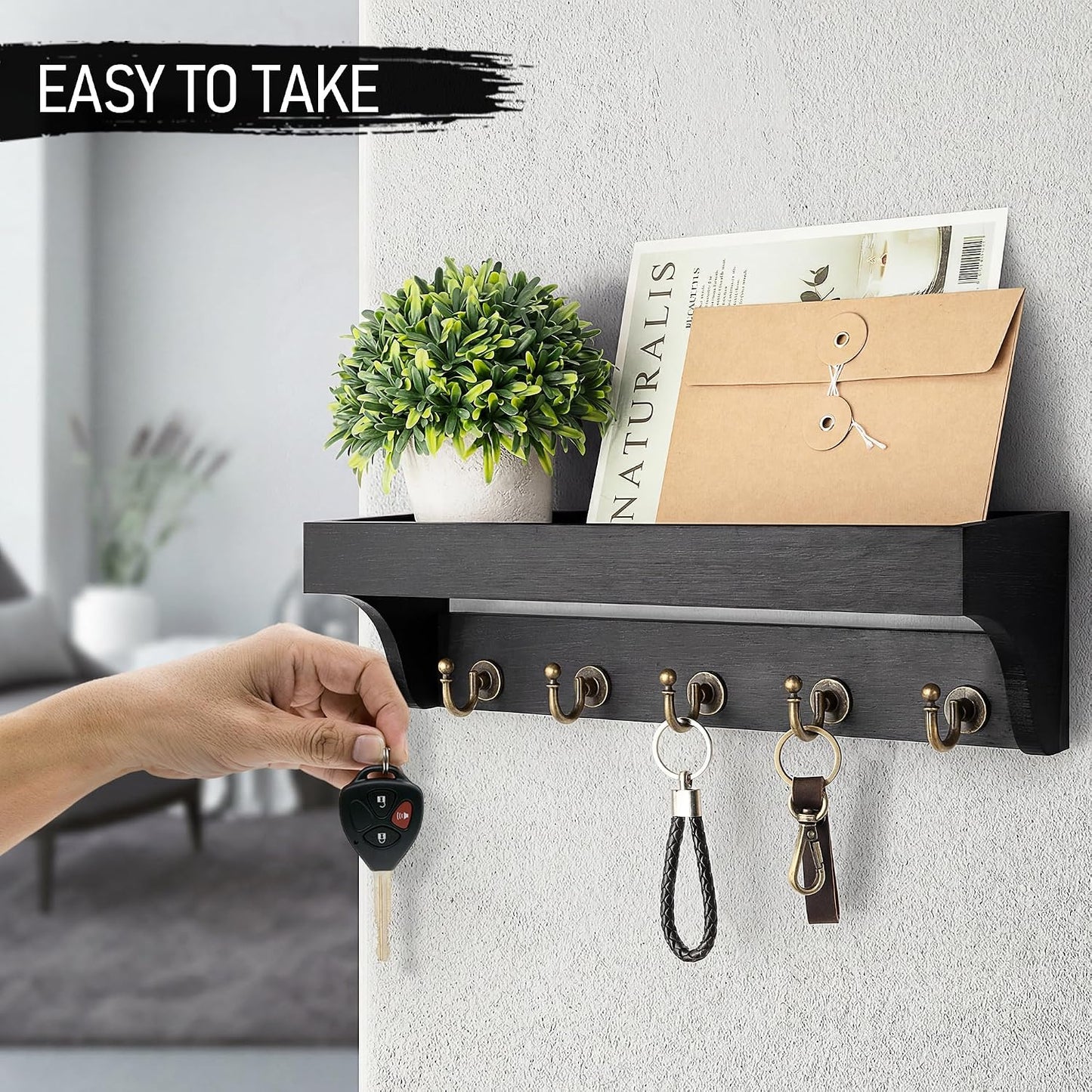 Rebee Vision Farmhouse Key Holder for Wall - Decorative Wooden Mail Organizer with 5 Rustic Key Hooks and Floating Shelf for Home Decor, Hallway, Entryway, Appartment (Retro Brown)