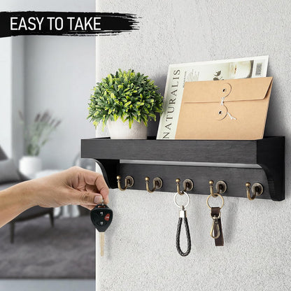 Rebee Vision Farmhouse Key Holder for Wall - Decorative Wooden Mail Organizer with 5 Rustic Key Hooks and Floating Shelf for Home Decor, Hallway, Entryway, Appartment (Retro Brown)