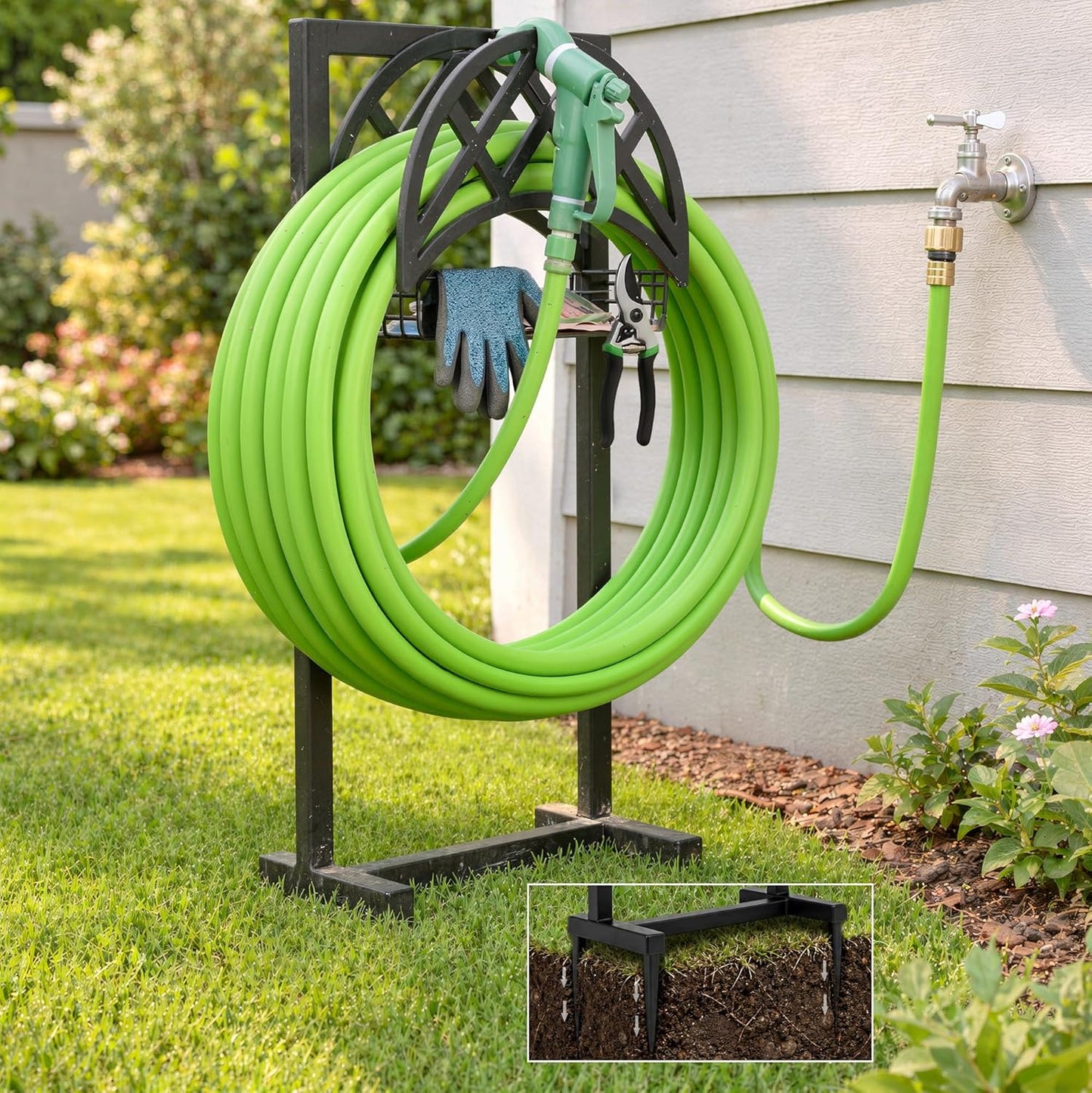 Oriva Garden Hose Holder Stand, Freestanding Water Hose Holder for Outside, Heavy Duty Rust-Resistant Metal Hose Hanger w/ 4-Spike Base, Holds upto 160ft, Outdoor Hose Storage for Yard, Lawn & Garden