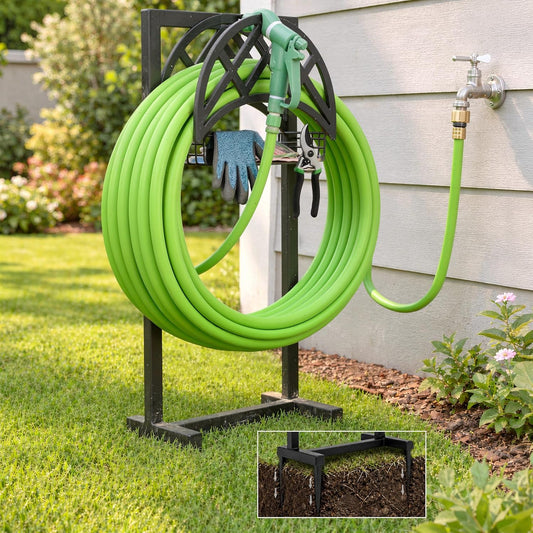 Oriva Garden Hose Holder Stand, Freestanding Water Hose Holder for Outside, Heavy Duty Rust-Resistant Metal Hose Hanger w/ 4-Spike Base, Holds upto 160ft, Outdoor Hose Storage for Yard, Lawn & Garden