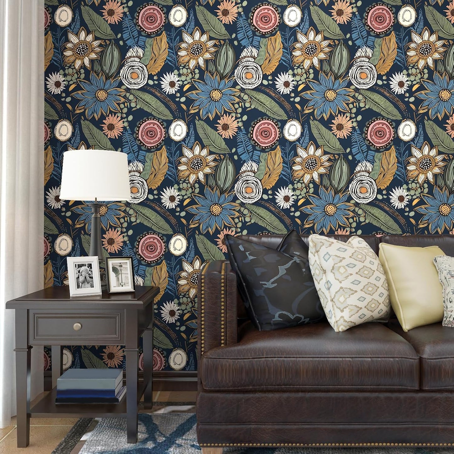Blue Wallpaper Peel and Stick,Vintage Boho Floral Contact Paper 17.5" x 118", Retro Botanical Flower Wall Paper Self Adhesive Removable Waterproof for Walls Shelves Cabinet Table (Blue,Yellow, Green)