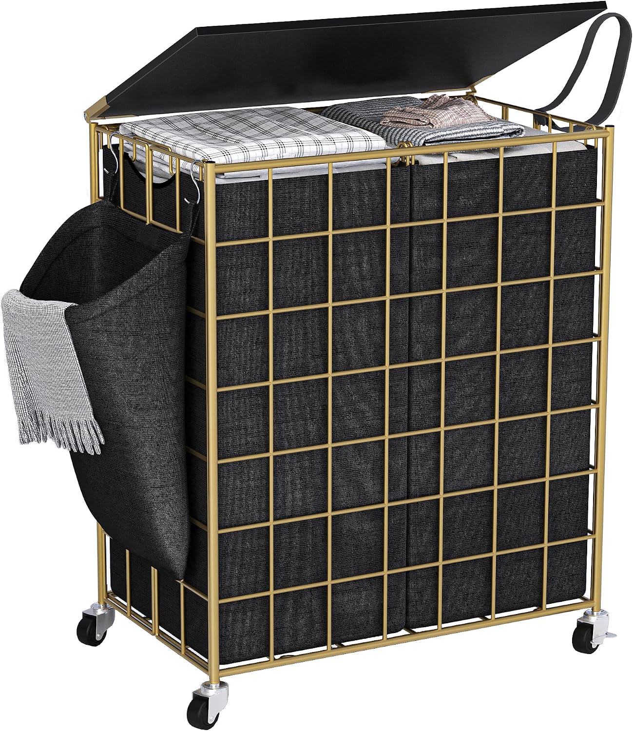 Laundry Basket with Wheels, Heavy Duty Laundry Sorter 2 Sections, 120L (32Gal.) Large Capacity Laundry Hamper with Wood Lid, 360 Rolling Wheels, Extra Side Pocket, Leather Pull Handle, Beige