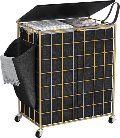Laundry Basket with Wheels, Heavy Duty Laundry Sorter 2 Sections, 120L (32Gal.) Large Capacity Laundry Hamper with Wood Lid, 360 Rolling Wheels, Extra Side Pocket, Leather Pull Handle, Beige