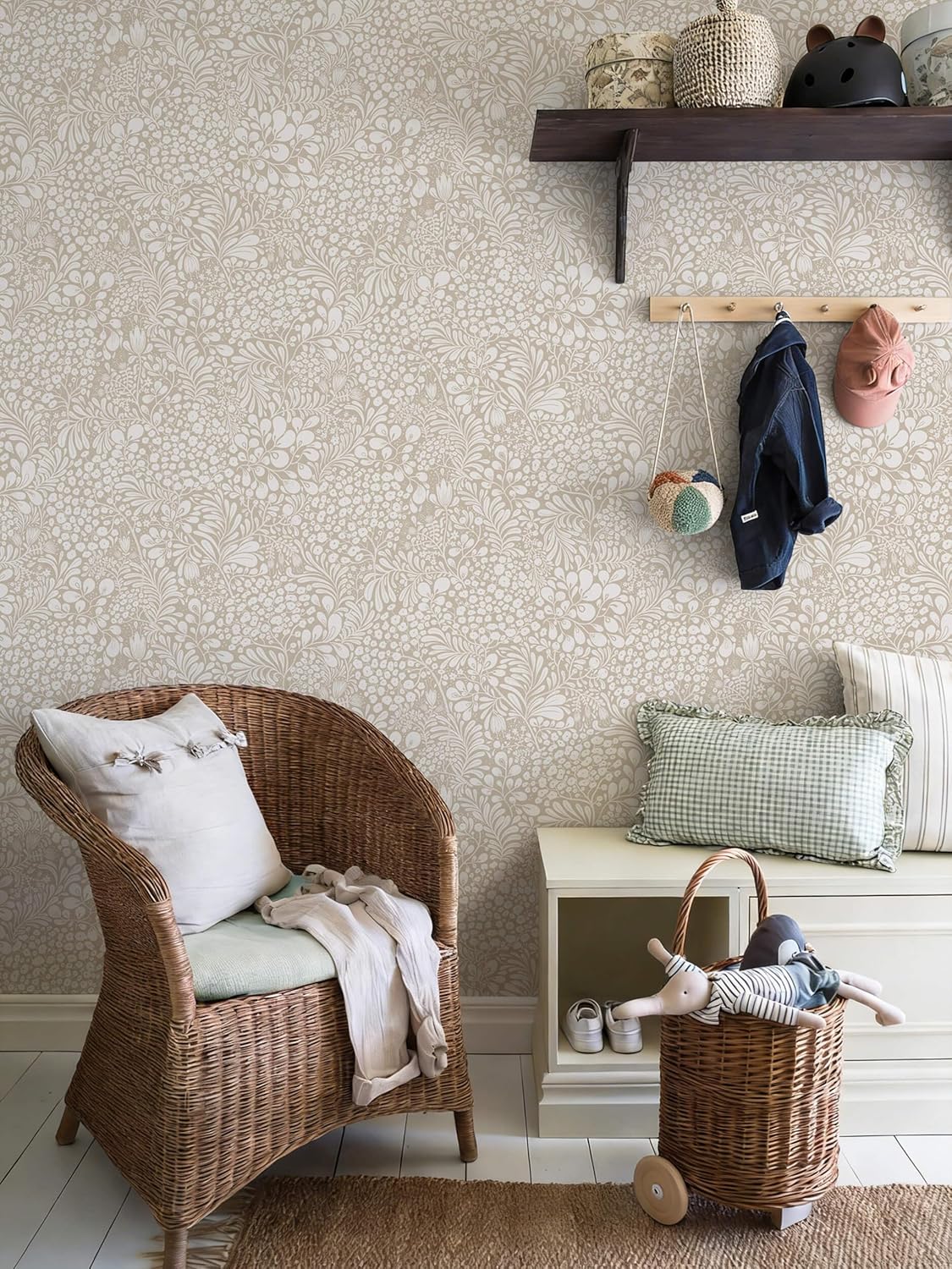 Heroad Peel and Stick Wallpaper Boho Beige Contact Paper Floral Wall Paper Removable Self Adhesive Wallpaper for Cabinet Bedroom Living Room Entryway Walls Bathroom Waterproof Vinyl Roll 17.3''x78.7''