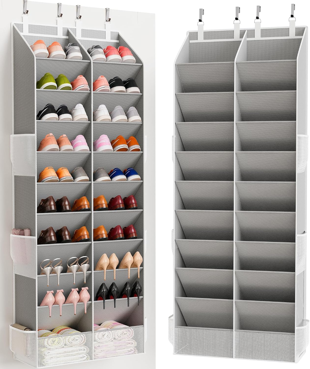 Criusia Over the Door Shoe Organizer, 20-30 Pairs Heavy-Duty Hanging Shoe Storage with Large Pockets, 10-Tier Door Shoe Rack with 4 Hooks for Sneakers Sandals Heels Boots (Black)