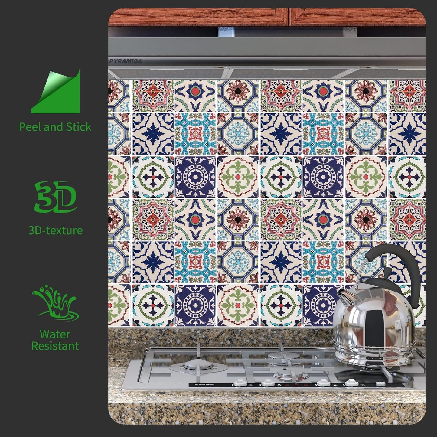 LONGKING Peel and Stick Backsplash Tile Stickers, Colorful Talavera Mexican Tile, Stick on Wall Tiles (10 Sheets)