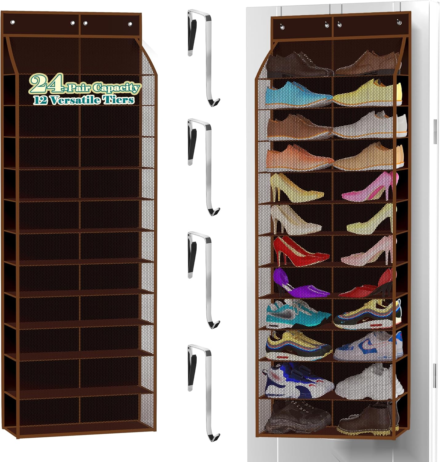 Kotkn 24-Pair Over Door Shoe Organizer for Family & Kids, Double Sided | Hanging Storage for Sneakers, Boots, Toys & Room Organization-Graphite Gray