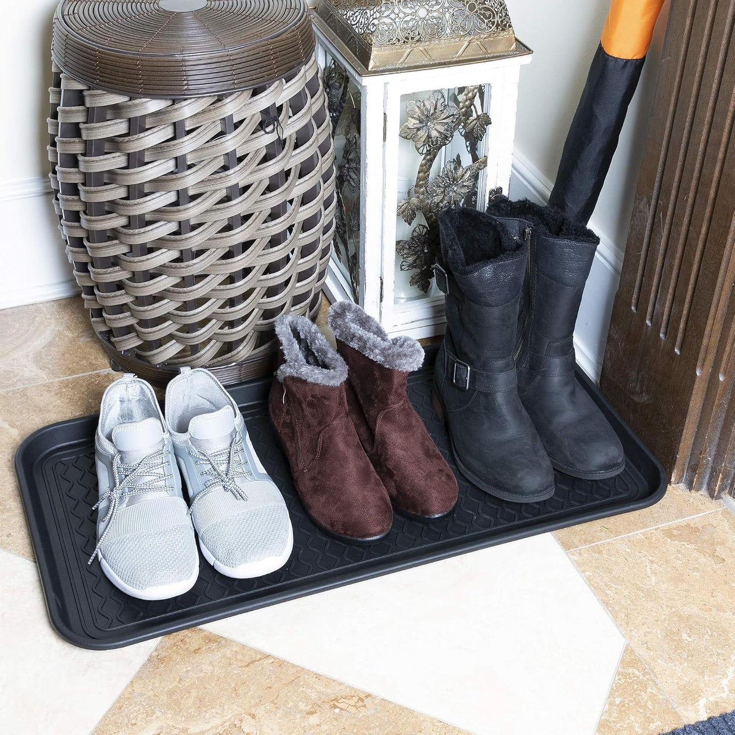 Ottomanson Indoor/Outdoor Boot Tray Non-Slip Rubber 16" x 32" Modern Entryway Mat for Entryway, Patio, Backyard, Garage, 16" x 32", Black