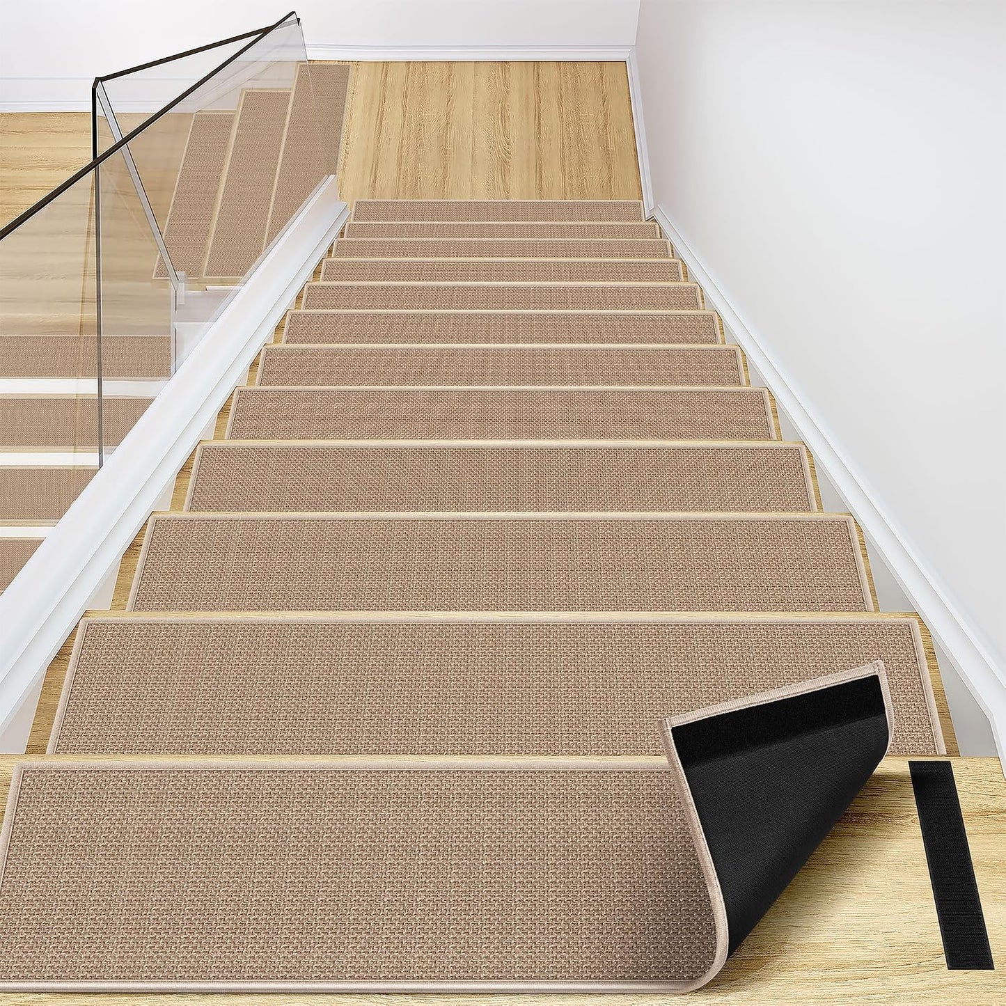 Peel and Stick Carpet Stair Treads for Wooden Steps Set of 15, Non Slip Adhesive Jute Stair Mats Indoor, Rubber Backing Safety Step Pads Mats, Grey, 8"x30"