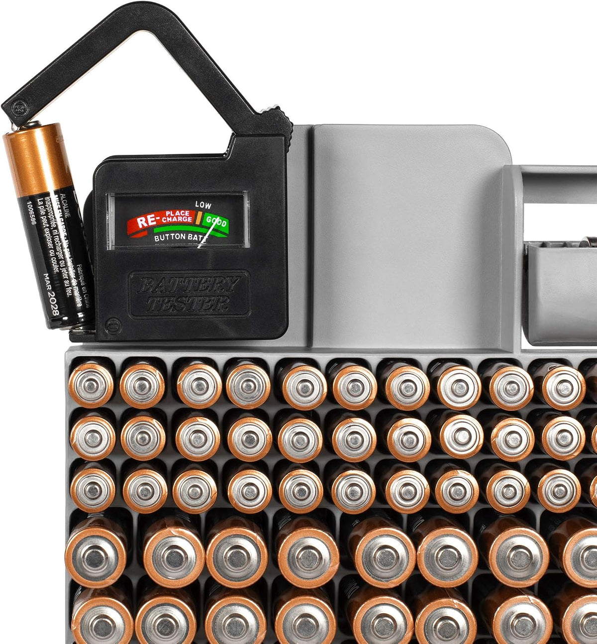 Richards Battery Organizer with Energy Tester, Holds 109 Batteries of Different Sizes for AAA, AA, 9V, C, D, and Button Battery