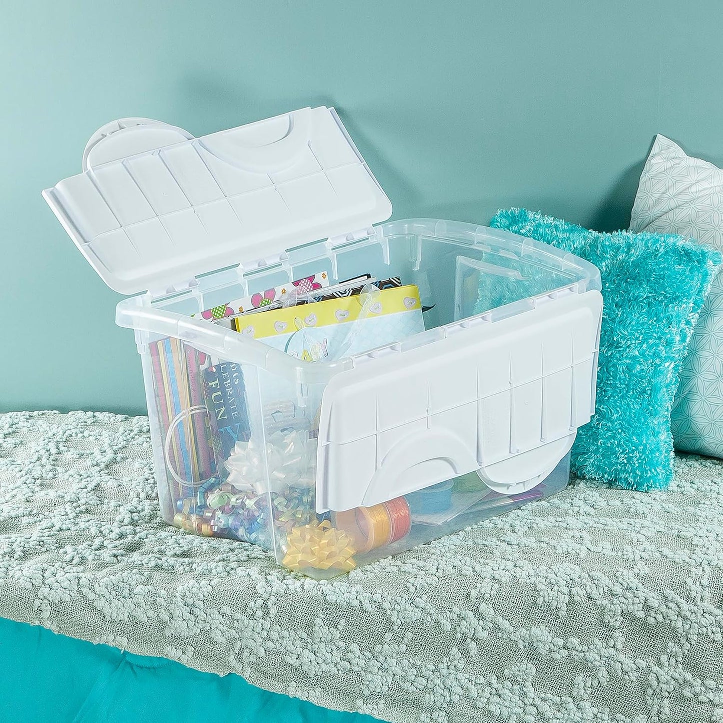 Sterilite 6 Pack Storage Box, 41 Quart Stackable Tote, Clear Plastic Container with Secure Snapping White Lids for Home and Office Organization