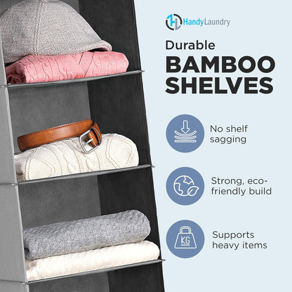 Handy Laundry Hanging Closet Organizer - 6 Shelf Storage for Clothes, Sweaters, Shoes & Accessories - Space-Saving Wardrobe Shelves with Hooks for Dorm, RV & Small Closet Organization (Beige)