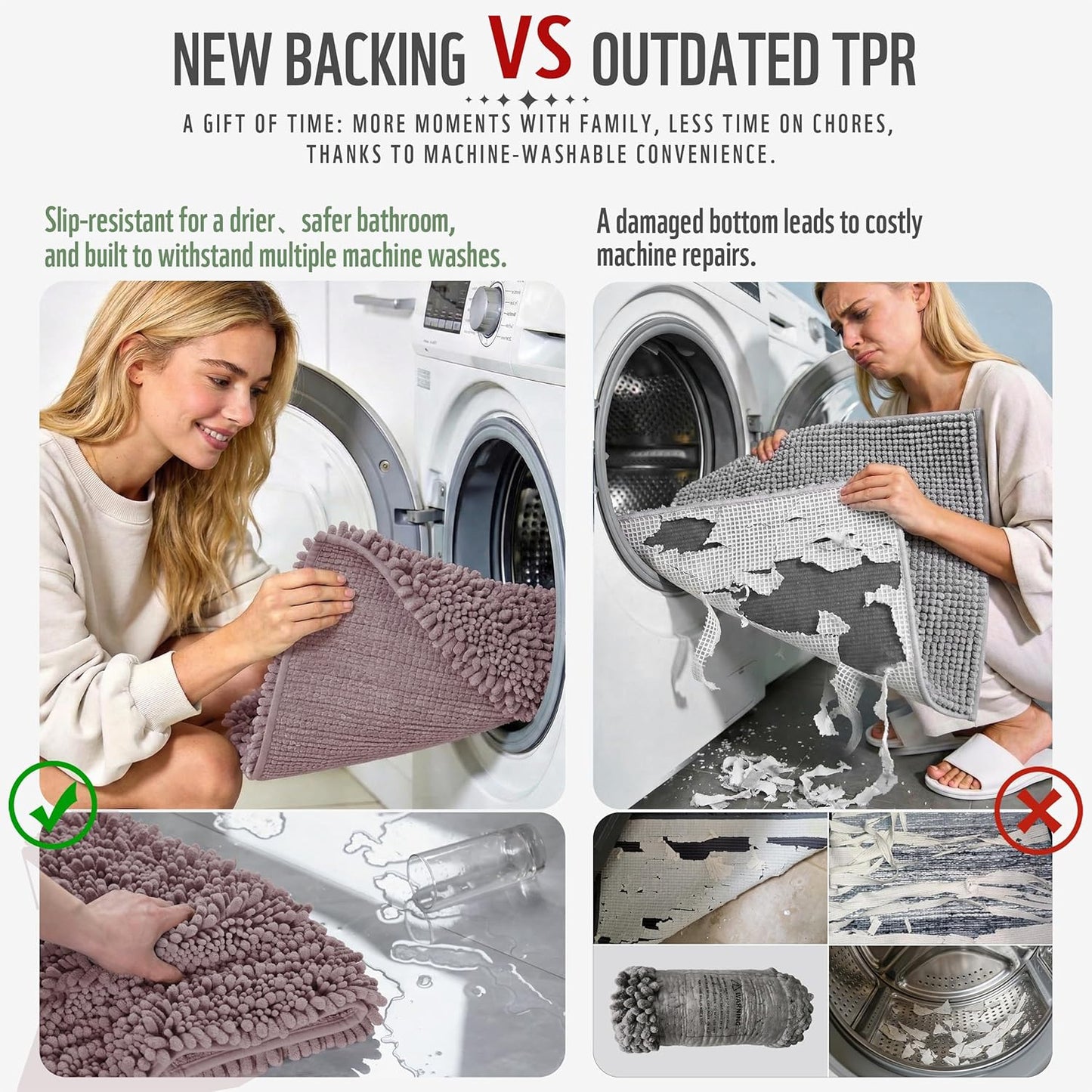 Yimobra Bathroom Rugs Non Slip Washable - Ultra Soft Absorbent Chenille Bath Mat, Quick Dry Shaggy Floor Carpet for Tub Shower, Gray Home Decor Accessories, 24x17 Inch