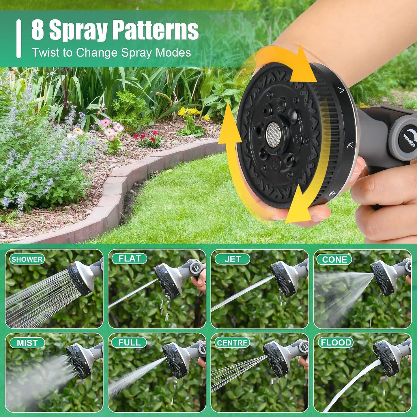 Garden Hose Nozzle - Heavy Duty Water Hose Sprayer with 8 Spray Patterns, Dia 90mm Thumb Control On/Off Valve, Durable Zinc Alloy Body for Lawn, Car & Pet Cleaning