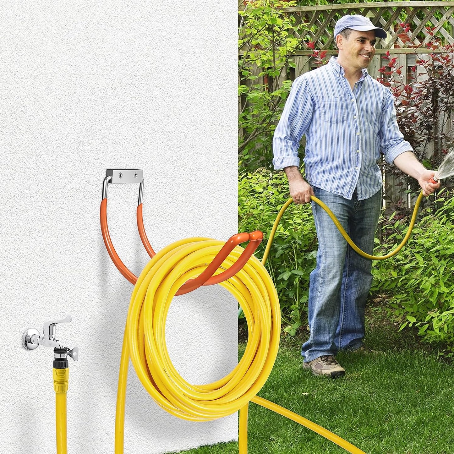 Garden Hose Holder Water Hose Hanger Wall Mounted,304Stainless Steel Solid Hose Hook Holds Up to 150Ft Garden Hose, Expandable Hose, Water Hose - Chrome