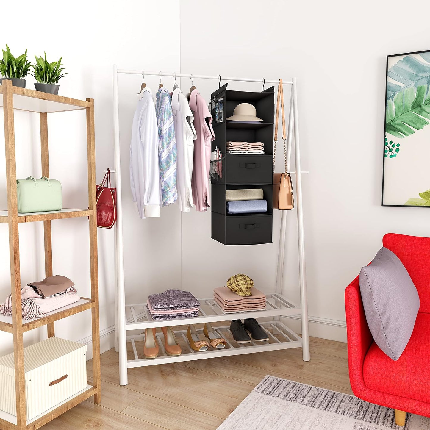 MAX Houser 4-Shelf Hanging Closet Organizer, Space Saver, Cloth Hanging Shelves with 2 Side Pockets, Foldable (Beige)