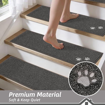 BEQHAUSE Stair Treads for Wooden Steps 28inX9in, Non Slip Carpet Stair Treads Indoor Stair Runners Machine Washable, Soft Stair Rugs Mat Surface Polyester TPE Backing, 4pcs, Charcoal