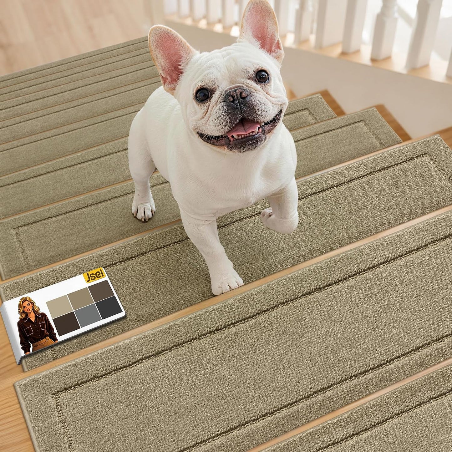 JSEI Stair Treads for Wooden Steps Indoor, 15-Pack Non Slip Stair Treads 30" x 8", Washable Polyester Stair Mats with TPE Backing, Low Profile Stair Rugs for Kids, Seniors and Dogs, Brown