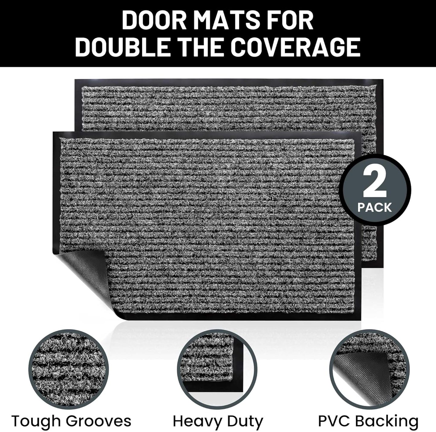 Sierra Concepts Front Door Mat Welcome Floor Mats - Entryway Indoor Outdoor Entrance Doormat, Patio, Porch, Muddy Shoe, Inside Outside Low Profile, 30x17 inches, 2-Pack Gray