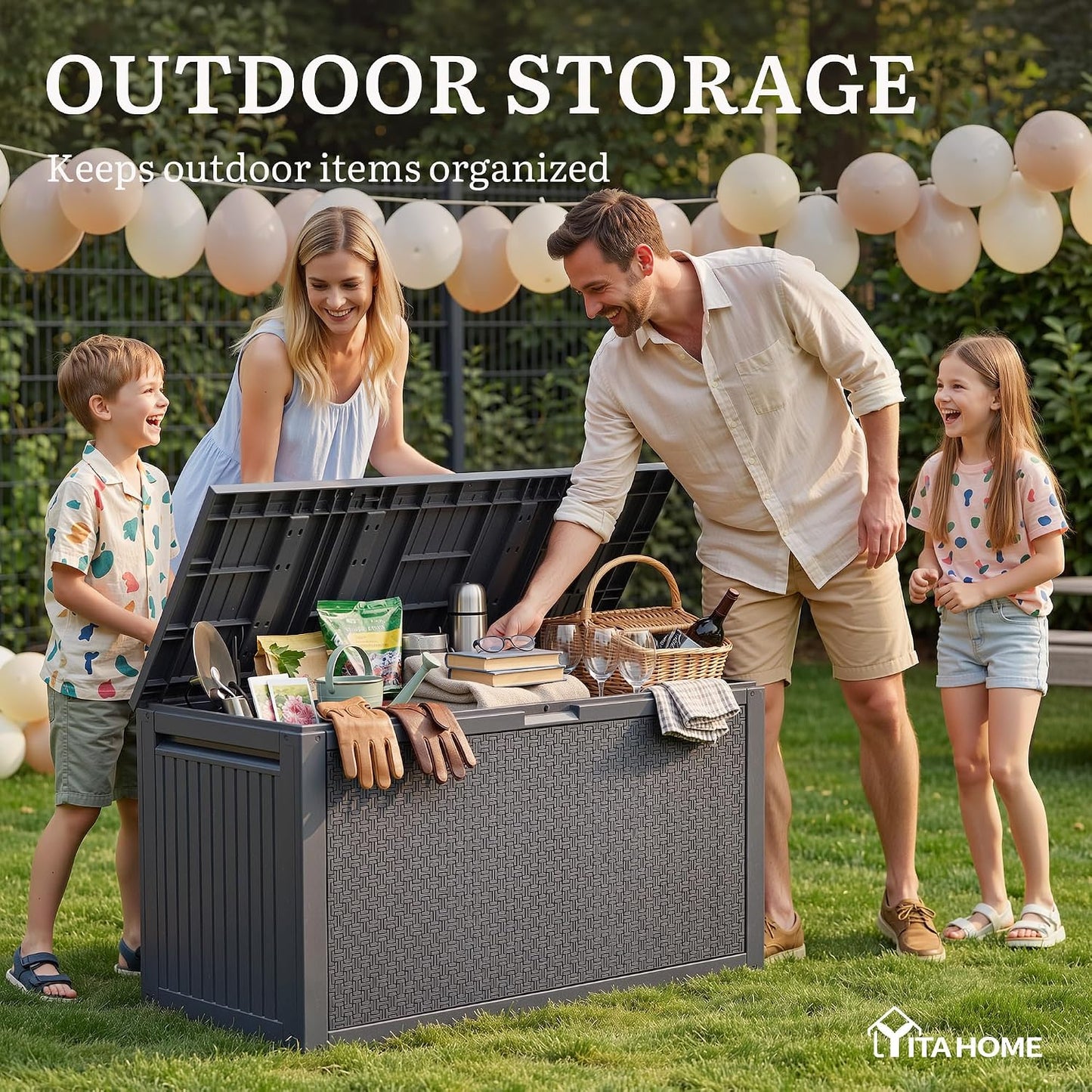 YITAHOME 100 Gallon Large Outdoor Deck Box | Waterproof Resin Storage Box, Lockable Indoor Outdoor Storage Container for Patio Furniture Cushions, Pool Accessories